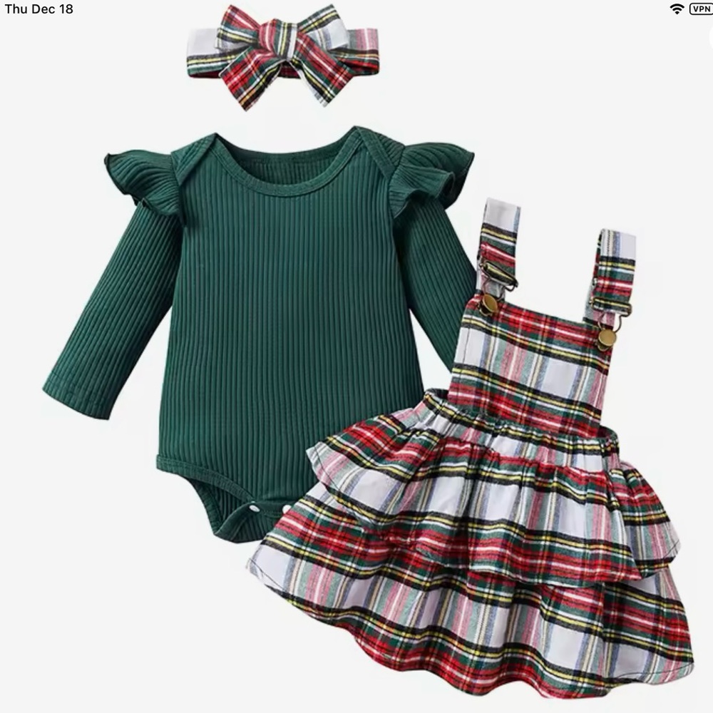 New Green Ruffled Bodysuit with Plaid Jumper and Bow Set 3 months